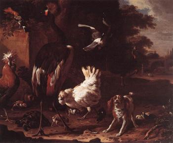 Melchior De Hondecoeter : Birds And A Spaniel In A Garden